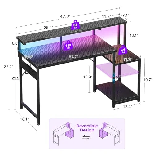 AODK 48 inch gaming desk dimensions diagram