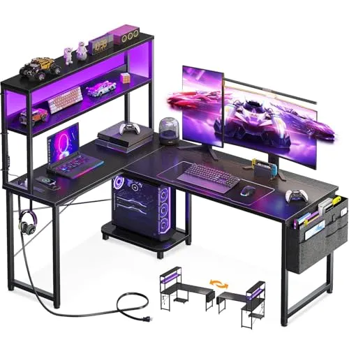AODK Reversible L-Shaped Gaming Desk with LED & Outlets